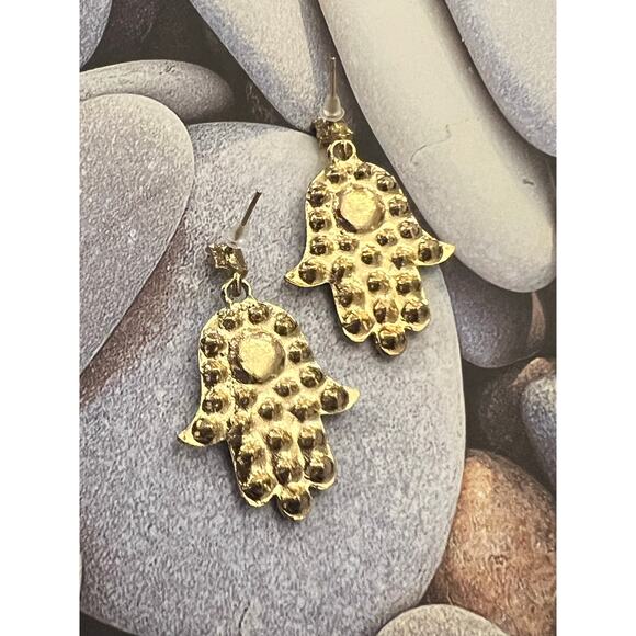 Evil Eye Gold Tone Crystal Dangle Earrings - Picture 3 of 3